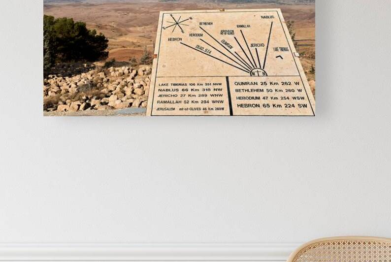 View from Mount Nebo shows signs and the Landscape of Jordan by Marco Brivio