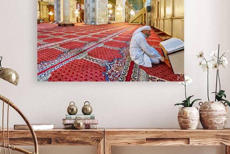 Visitor reading Quran in Umayyad Mosque in Damascus by Marco Brivio