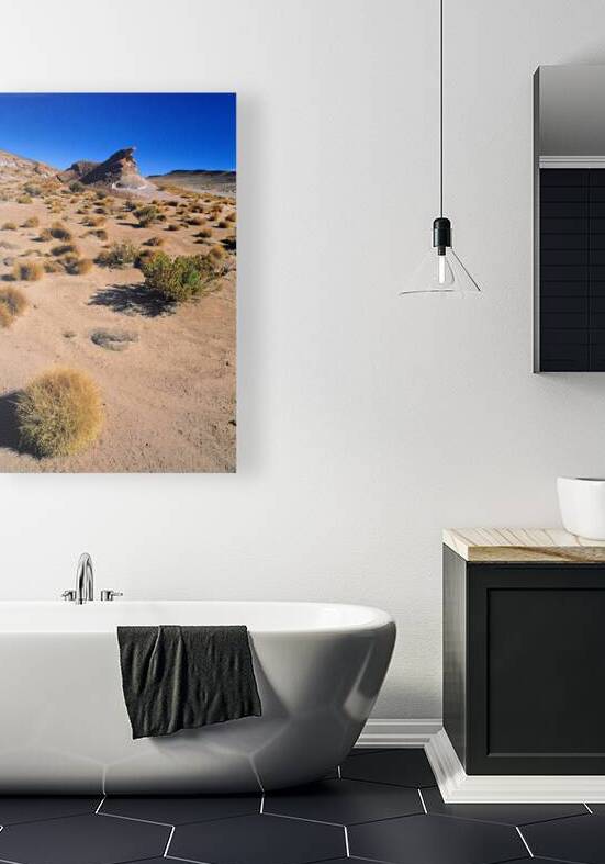 Desert scene: unique rock formation dry bushes clear sky. by Marco Brivio