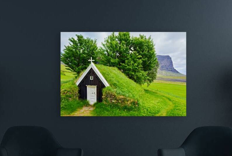 Nupsstadur turf church in Iceland on a cloudy day by Marco Brivio