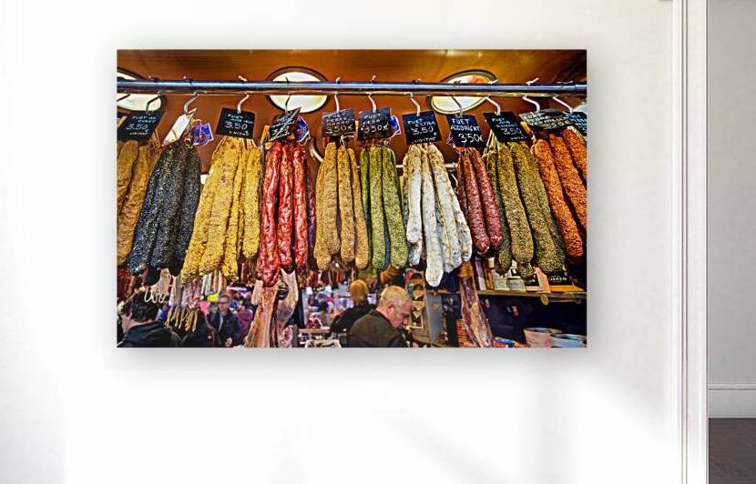 Colored sausages for sale at La Boqueria market by Marco Brivio