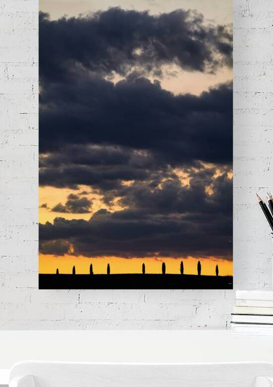 Sunset in Val dOrcia with cypresses in Tuscany Italy by Marco Brivio