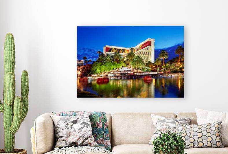 Las Vegas Mirage Hotel and Casino with waterfall at night by Marco Brivio