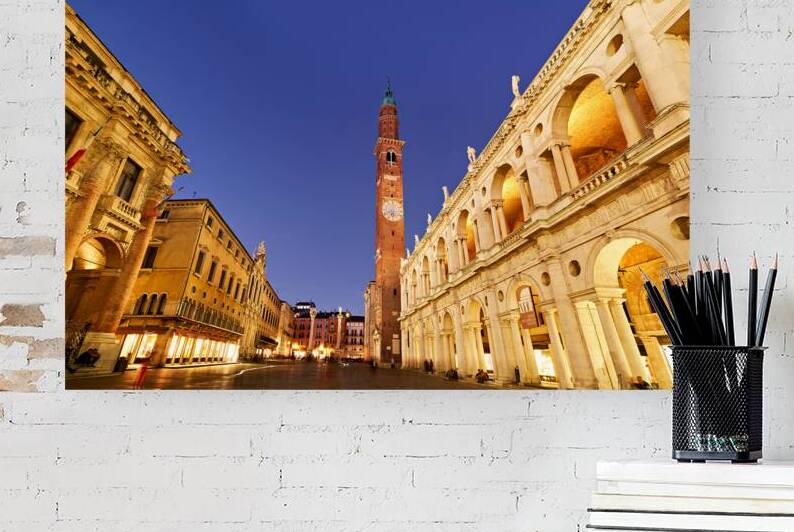 Palladian Basilica and clock tower in Vicenza at night by Marco Brivio