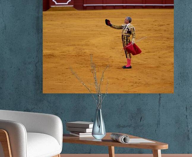 Bullfighter performs in Seville Arena during bullfight event by Marco Brivio