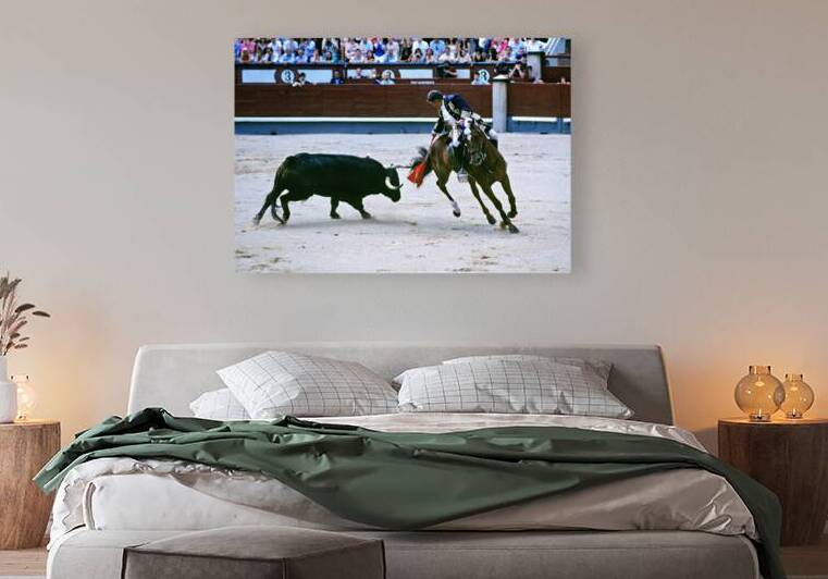 Bullfight in Madrid Spain with horse and bull in arena by Marco Brivio
